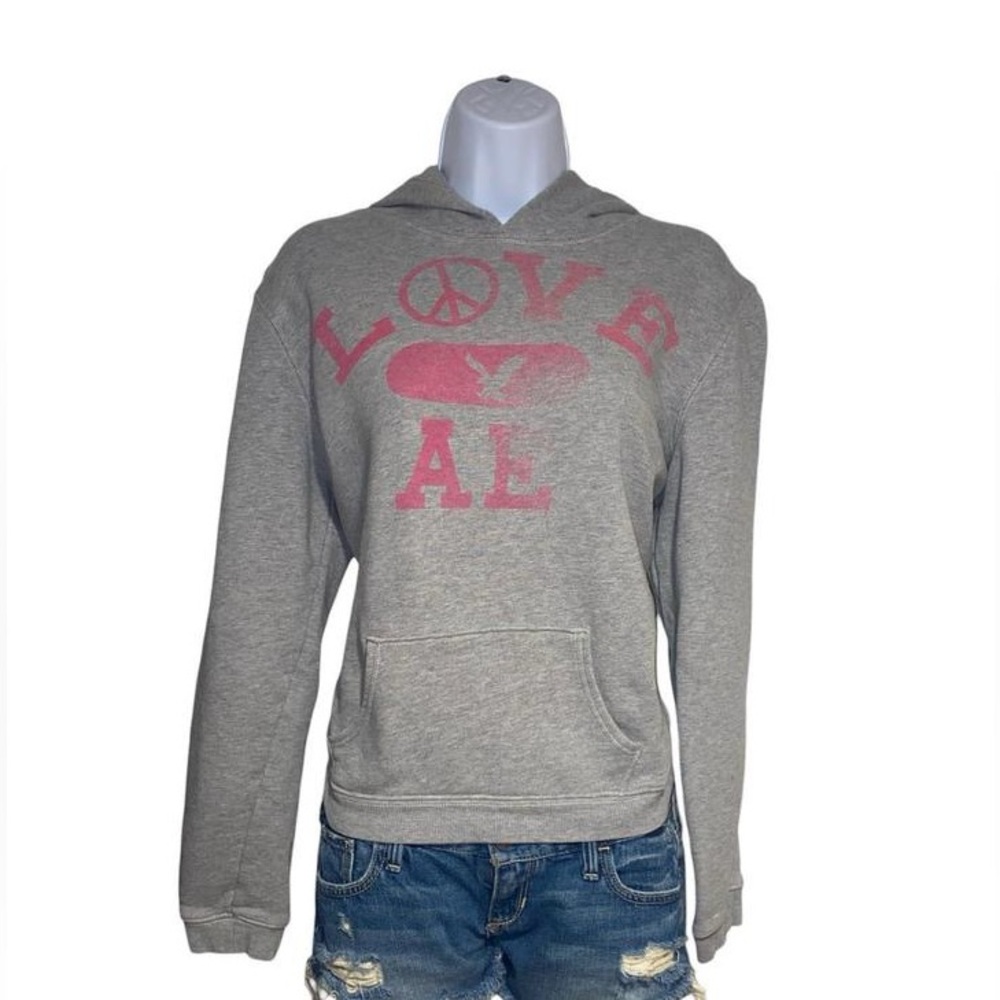 American Eagle 2009 grey hoodie with pink “LOVE” peace sign graphic